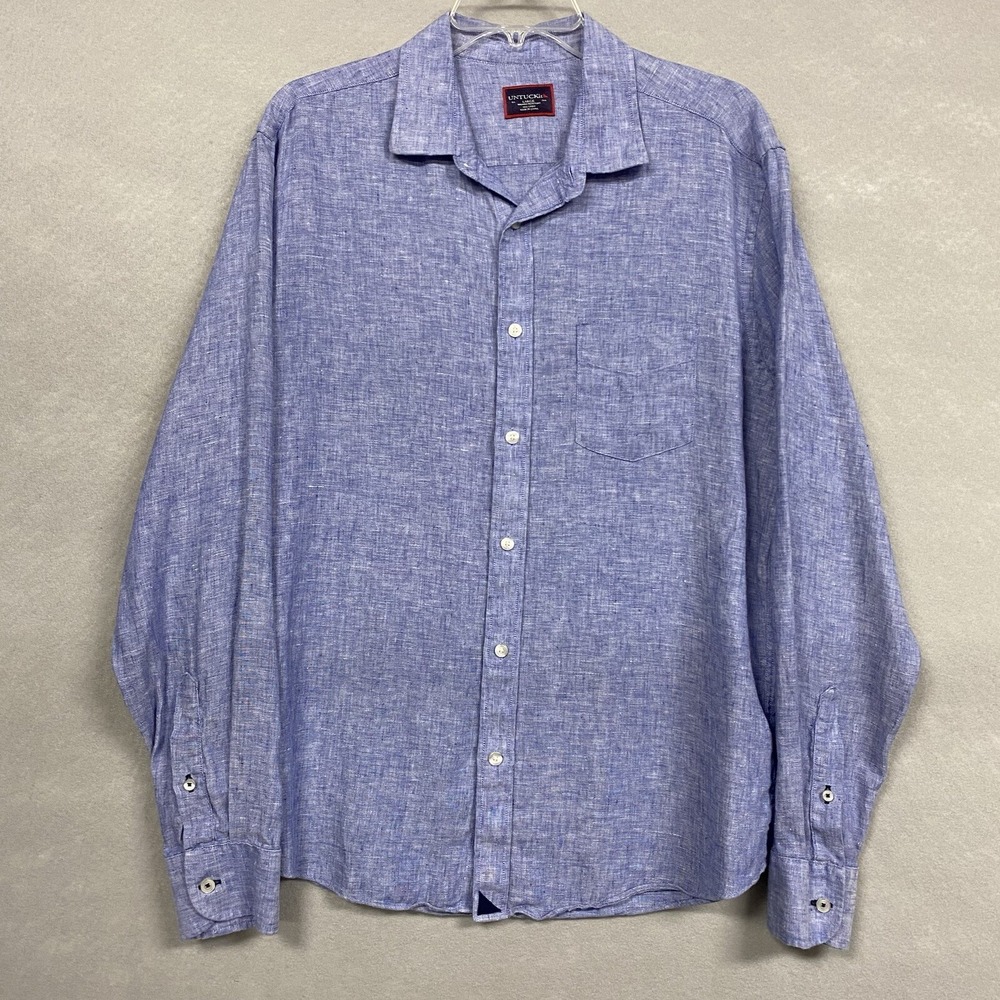 UNTUCKit Mens L Button Up Shirt Blue Linen Wrinkle Resistant Vin Santo 35367